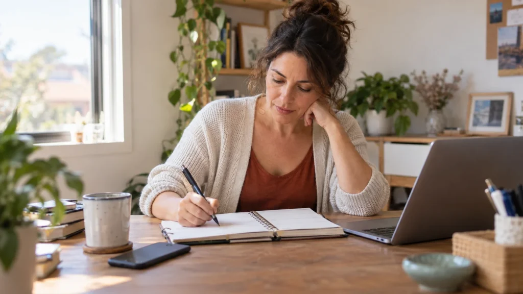 Mujer organizando su semana para trabajar menos