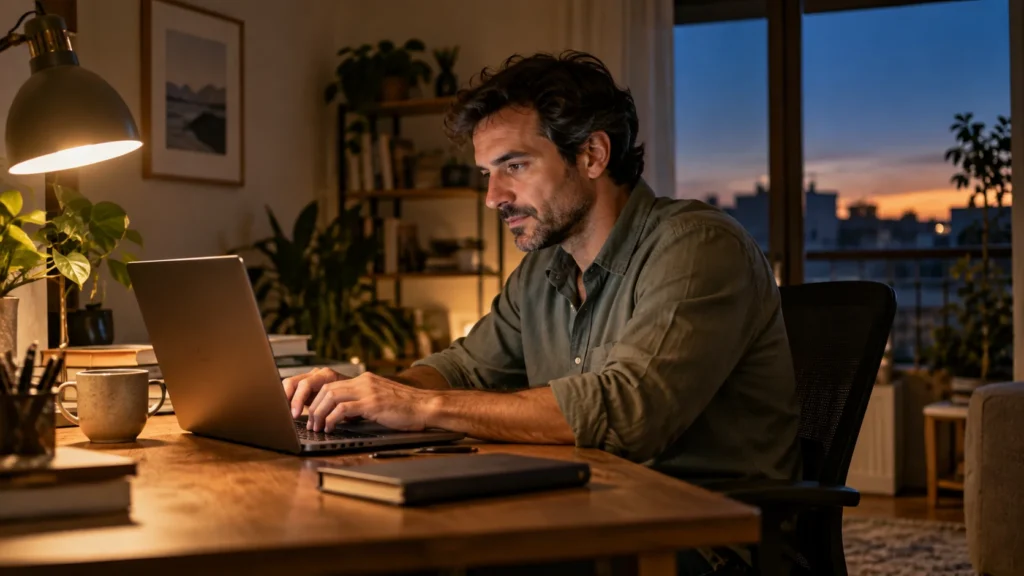 Persona trabajando hasta tarde y buscando cómo trabajar menos